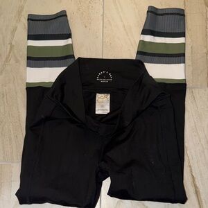 Sarah’s day and white fox black Leggings with Olive & White Striped Cuffs